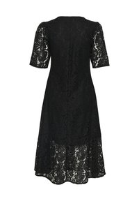 Black lace dress with short sleeves and a semi-sheer hem, featuring floral patterns and a fitted bodice, offering a classic silhouette.