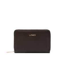 Czarny skórzany portfel o ziarnistej fakturze, wyposażony w złote logo i zamknięcie na zamek. Kompaktowy design z prostymi liniami i minimalnymi zdobieniami.