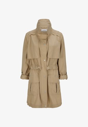 Beige leichte Jacke mit hohem Kragen, Kordelzug in der Taille, Knopf- und Reißverschlussverschluss sowie mehreren Fronttaschen. Glatte Textur.