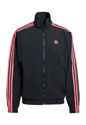 Black zip-up jacket with high collar, pink three-stripe accents on sleeves, and a small pink logo on the left chest. Smooth texture.