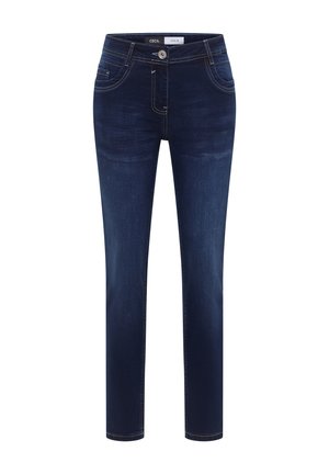 Jeans slim fit in denim blu scuro con tasche anteriori e posteriori, chiusura con bottoni e dettagli leggermente scoloriti su cosce e ginocchia.