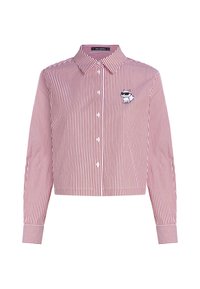 Gekürztes Hemd in rot-weiß gestreiftem Design, aus Baumwollstoff, mit Kragen, Knopfverschluss und einem Cartoon-Waschbär-Graphic auf der Brust.