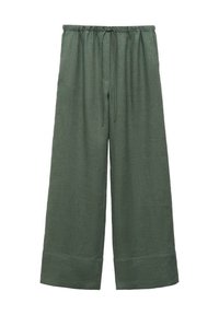 Pantalon large vert avec taille élastique et cordon, doté de larges revers en bas des jambes.