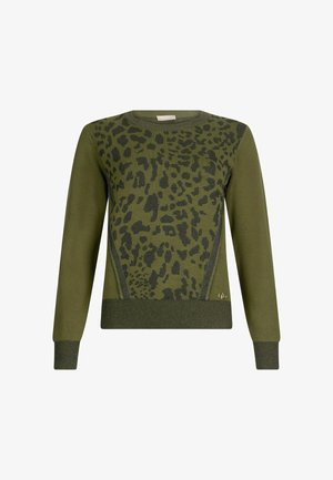 Olive green sweater featuring a black leopard print design on the front, ribbed cuffs, and hem, with contrasting textured accents.