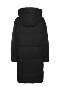 Doudoune noire avec capuche, dotée d'une longueur au genou, d'une texture matelassée et d'une finition lisse mate. Style minimaliste.