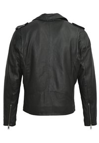 Giubbotto di pelle nera con spalline, maniche lunghe e polsi con zip, visto da dietro su uno sfondo bianco.