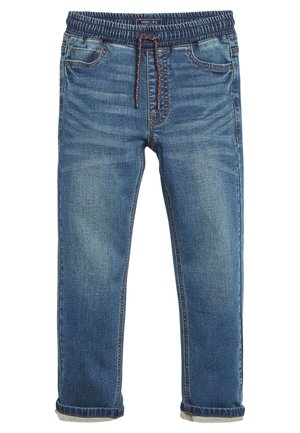 Jean jogger en denim bleu avec taille élastique, cordon de serrage, poches avant et revers roulés.