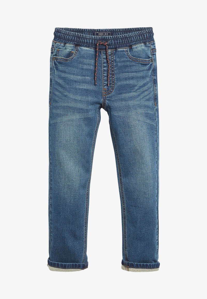 Jean jogger en denim bleu avec taille élastique, cordon de serrage, poches avant et revers roulés.
