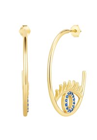 Zlaté kruhové náušnice s dizajnom oka, doplnené modrými kamienkami a štýlizovanými mihalnicami. Hladký povrch s lesklým vzhľadom.