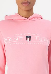 Rosa hettegenser laget av myk stoff med et sentralt logo som har "GANT 1949" og et skjolddesign med striper og stjerner.