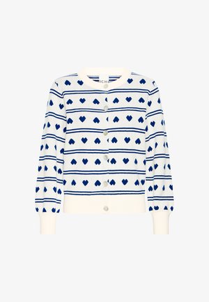 Weißer Cardigan mit marineblauen Herzmustern und horizontalen Streifen. Mit Rundhalsausschnitt, langen Ärmeln und Knopfverschluss vorne.