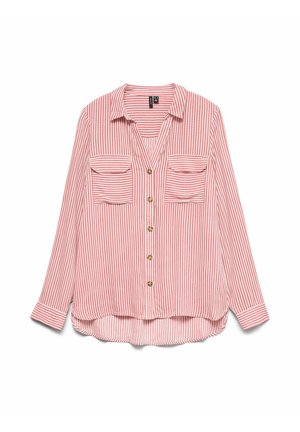 Chemise à manches longues rayée rouge et blanche, avec un col en V, deux poches poitrine et des boutons dorés. Matériau doux avec une coupe décontractée.