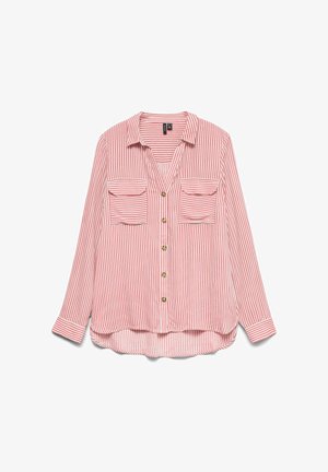 Röd- och vitrandig långärmad tröja med V-ringning, två bröstfickor och knappar i guldton. Mjukt material med avslappnad passform.