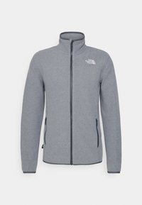 Gray fleece jacket with a high collar, full zip, and two zippered side pockets. Features a subtle logo on the upper left chest.