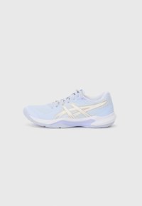Light blue athletic shoe with mesh upper, white sole, and gold accents. Features a rounded toe and lace-up design for secure fit.