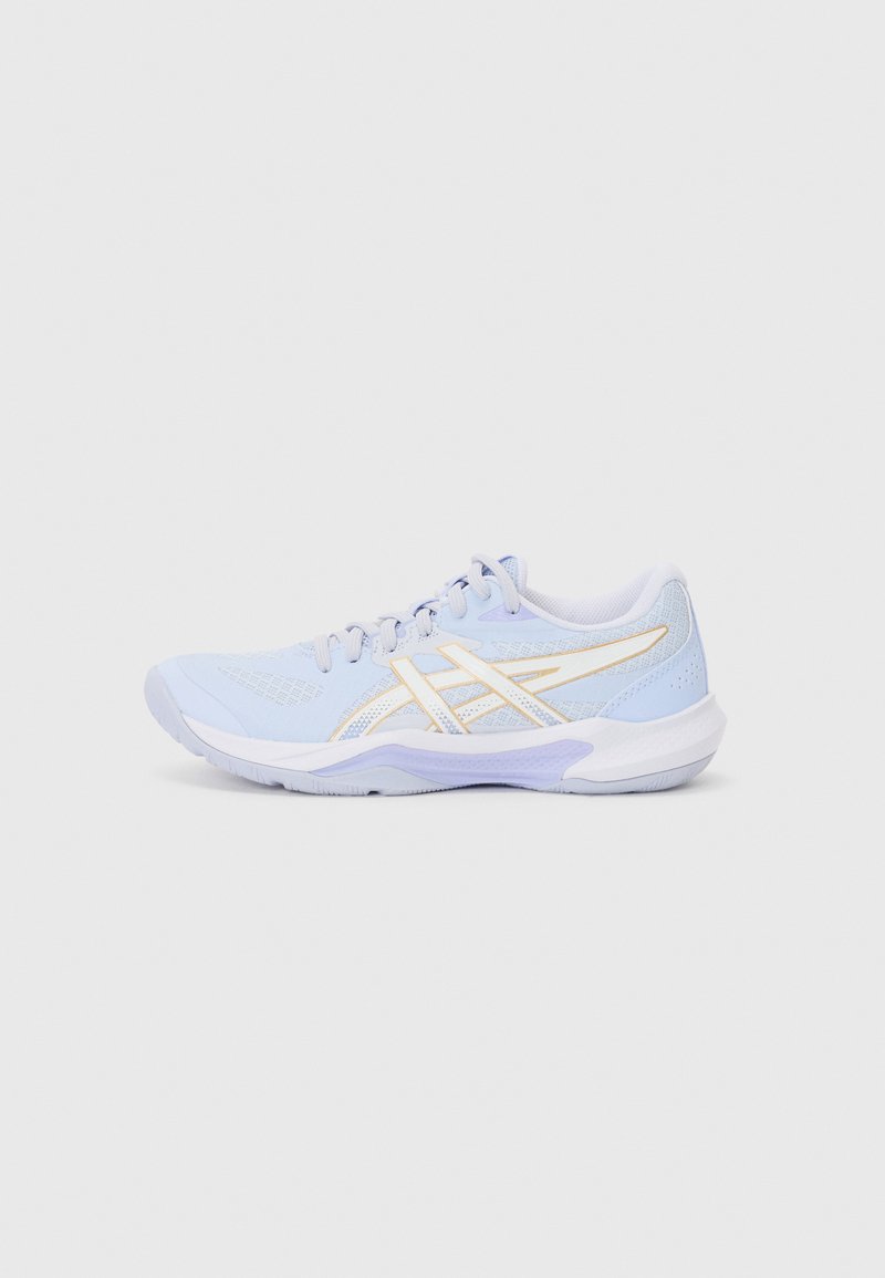 Light blue athletic shoe with mesh upper, white sole, and gold accents. Features a rounded toe and lace-up design for secure fit.
