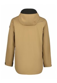 Beige waterdichte jas met een capuchon, lange mouwen, zwarte accenten bij de kraag en verstelbare manchetten. Soepele textuur en eenvoudig ontwerp.