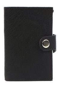 Black leather wallet with a textured surface, rectangular shape, rounded edges, and a snap closure. Decorative stitching along the seams.