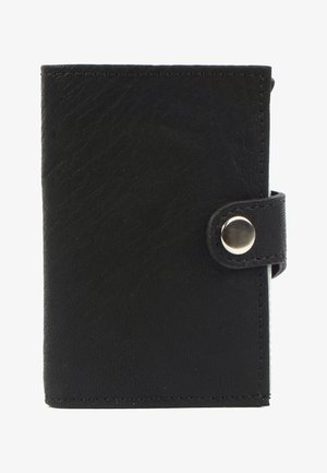 Black leather wallet with a textured surface, rectangular shape, rounded edges, and a snap closure. Decorative stitching along the seams.