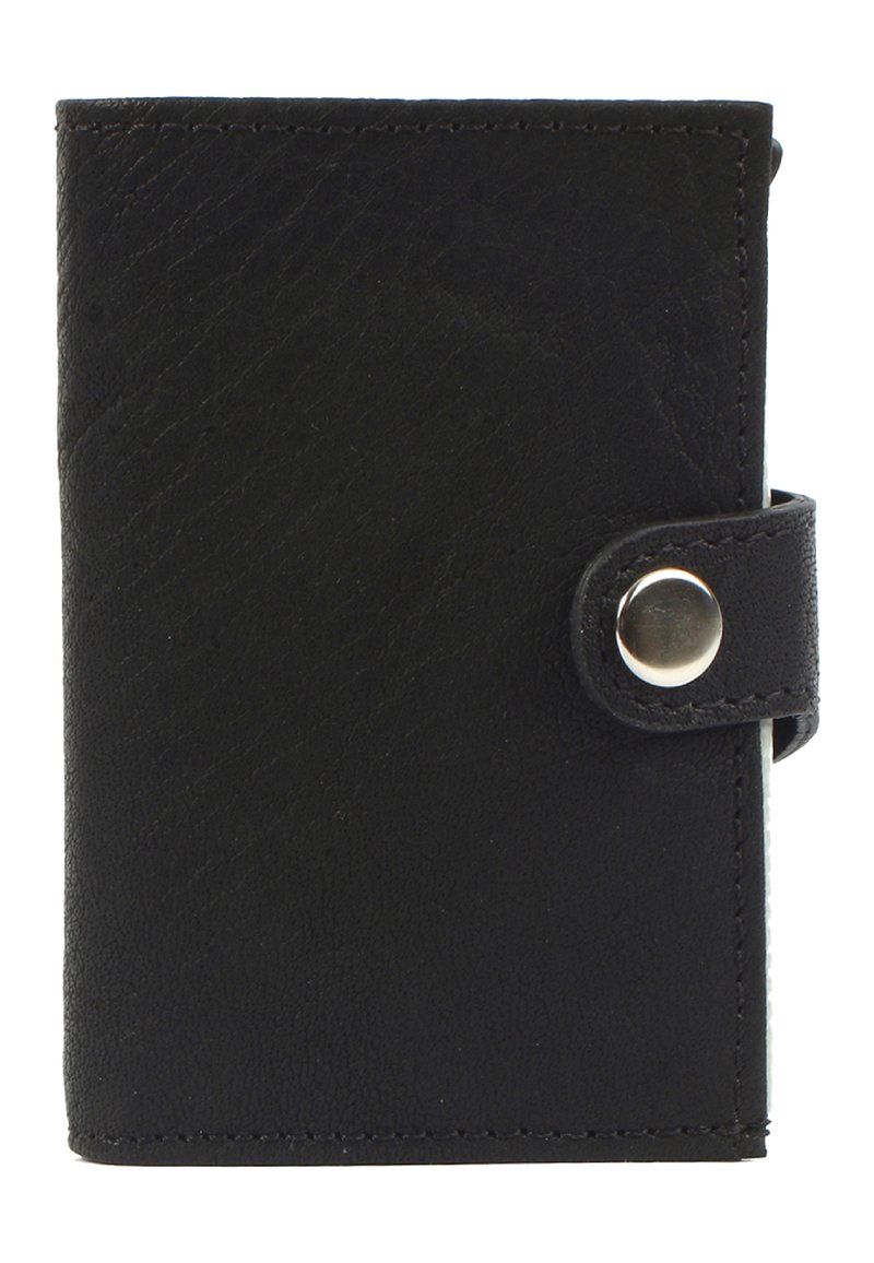 Black leather wallet with a textured surface, rectangular shape, rounded edges, and a snap closure. Decorative stitching along the seams.