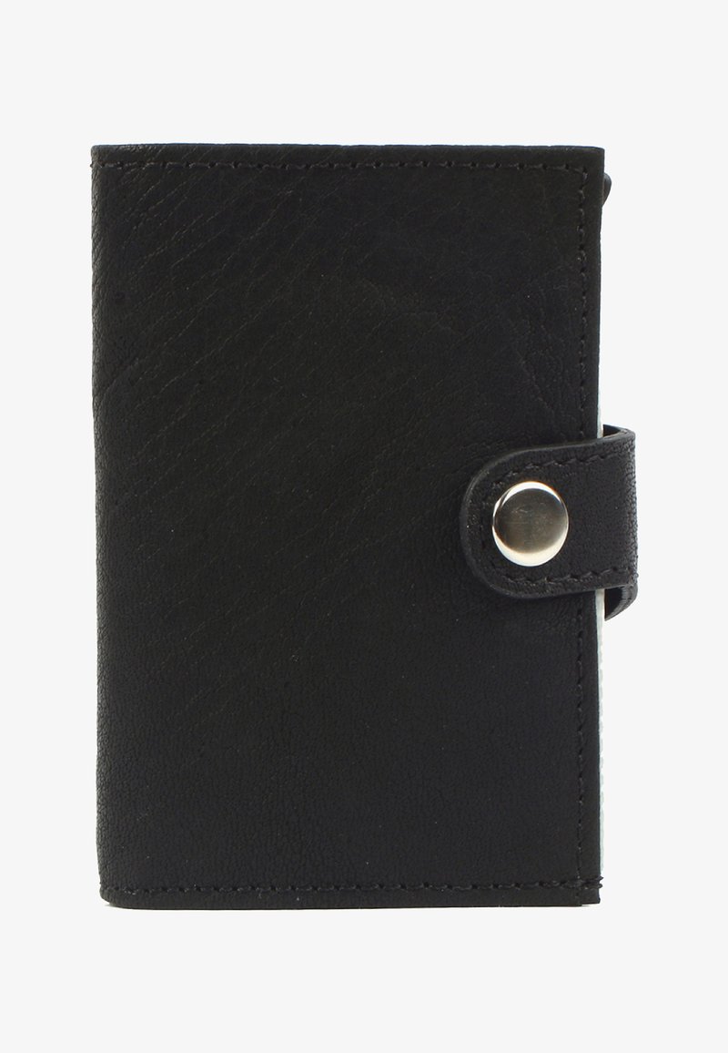 Black leather wallet with a textured surface, rectangular shape, rounded edges, and a snap closure. Decorative stitching along the seams.