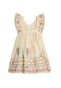 Helles cremefarbenes Baumwollkleid mit rüschierten Trägern, das farbenfrohe Blumen- und geometrische Stickereien am Saum und am Oberteil aufweist.