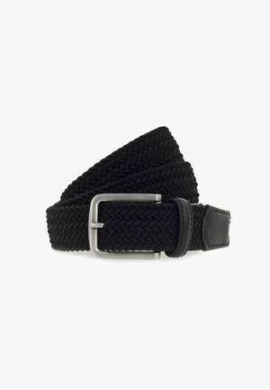 Schwarzer gewebter Stoffgürtel mit einer silbernen Metallschnalle, die an der Schnalle einen glatten Lederakzent aufweist. Flexibles und strukturiertes Design.