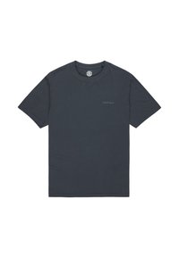 Dunkelgraues, kurzärmliges T-Shirt aus Baumwolle mit Rundhalsausschnitt und einem kleinen Logo, das auf der linken Brustseite aufgedruckt ist.