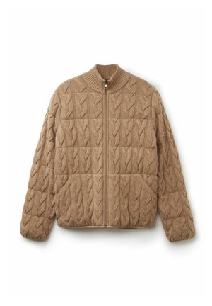 Brown knitted zip-up jacket with a high collar, featuring a textured cable pattern and two side pockets. Soft, cozy design.
