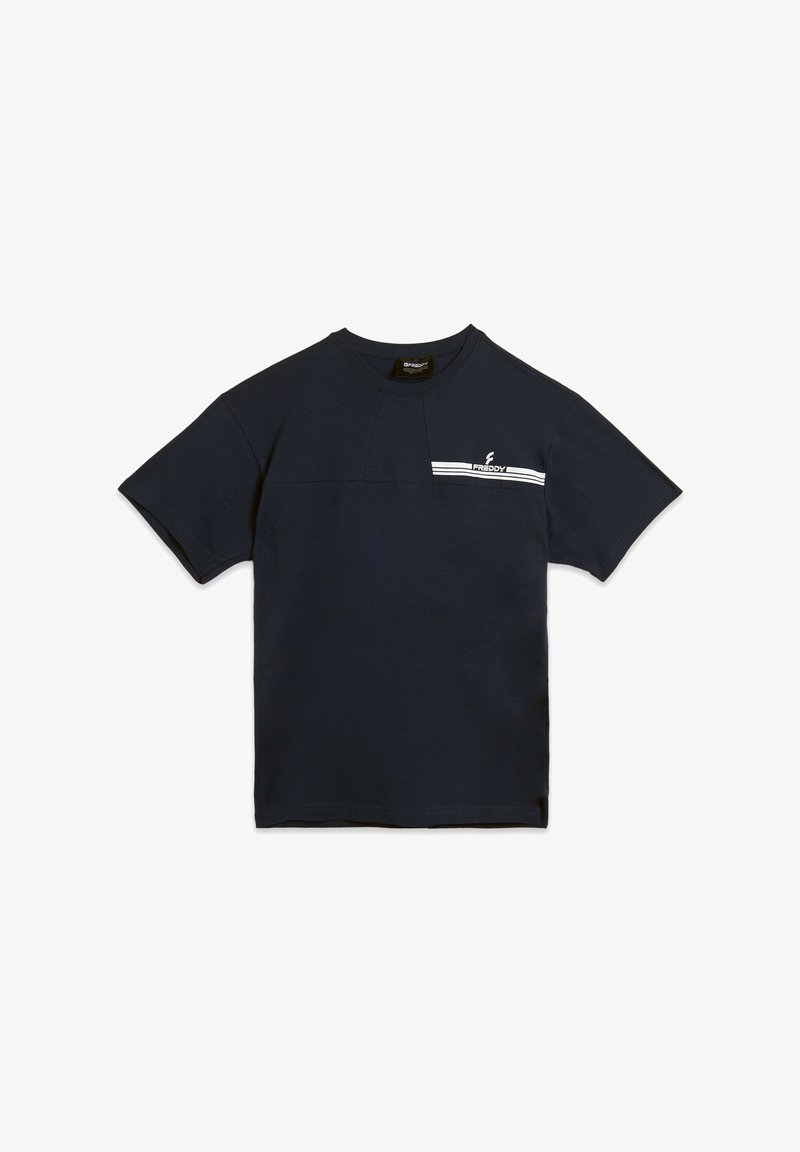 T-shirt en coton bleu marine à manches courtes, avec un col rond et un logo blanc et des rayures sur le devant. Texture douce, design décontracté.