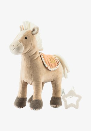 Stuffed horse toy in beige and gray, features a soft saddle with a golden horseshoe and floral trim. Includes a white star-shaped teether.