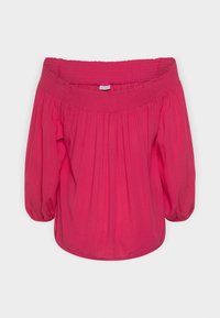 Top off-the-shoulder di un vivace rosa, con scollatura arricciata, maniche lunghe a palloncino e tessuto morbido e leggero con pieghe.