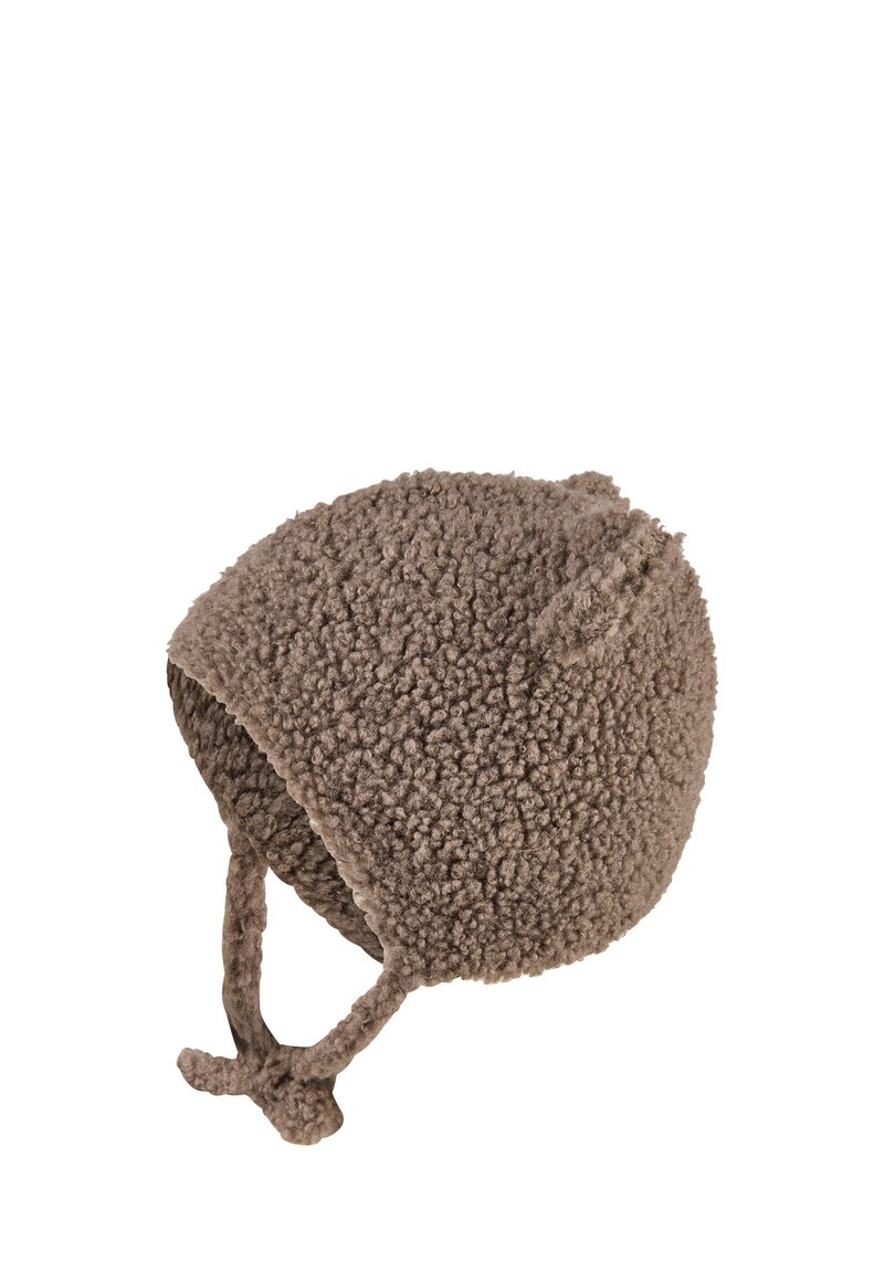 Brown sherpa fleece baby bonnet with ear flaps and tie strings for secure fit, cozy and warm winter headwear.