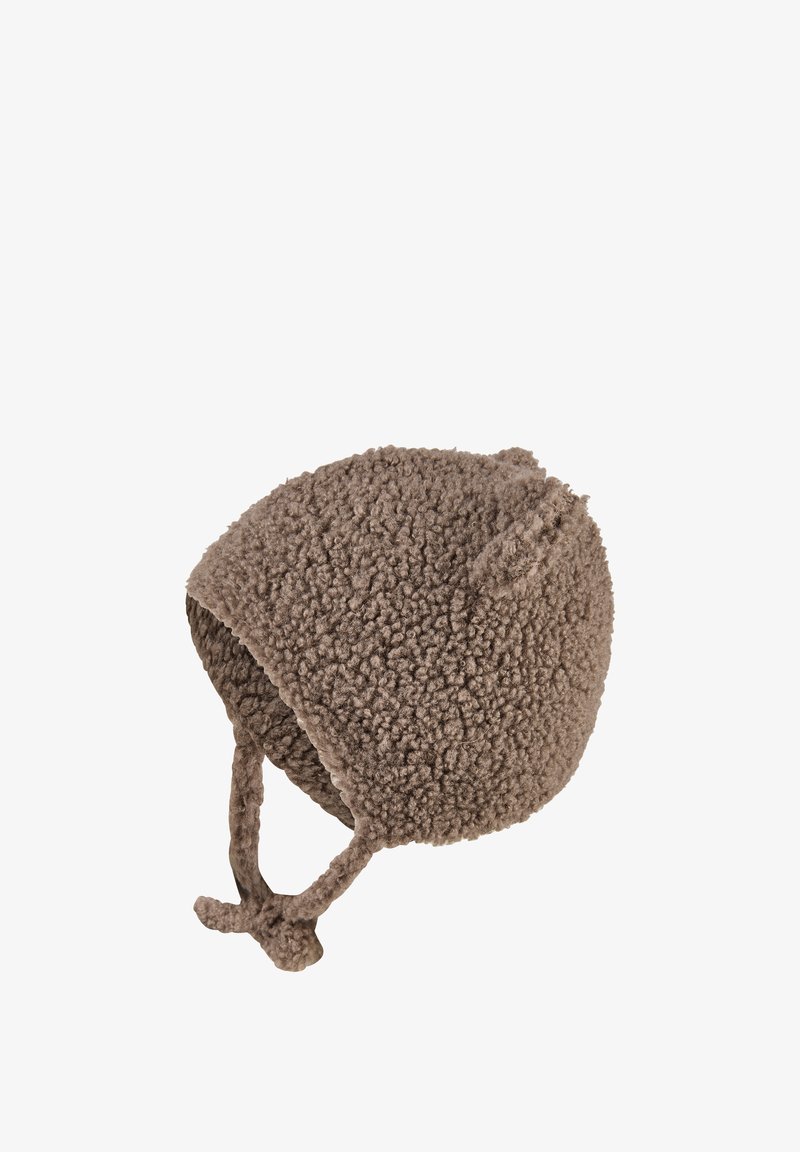 Brauner Sherpa-Fleece-Babyhaube mit Ohrenklappen und Bindebändern für einen sicheren Sitz, gemütliche und warme Winterkopfbedeckung.