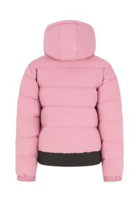 Chaqueta de plumas rosa con capucha, puños elásticos y dobladillo negro acanalado, mostrada desde atrás sobre un fondo blanco.