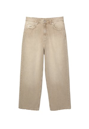 Beige weite Denim-Jeans mit hoher Taille, fransigem Saum, zwei Vordertaschen und dezenten Nähdetails.