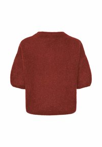 Bordowy sweter z dzianiny o pudełkowym kształcie, szerokich krótkich rękawach i prążkowanym okrągłym dekolcie. Miękka tekstura i jednolity kolor bez wzorów.