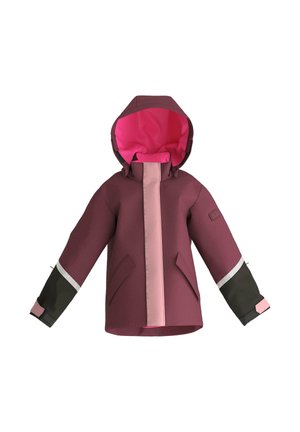 Lasten huppullinen talvitakki burgundinpunaisena, jossa pinkki vuori, pinkki etuvetoketjun suoja ja mustat hihansuut heijastavin raidoin.