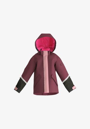 Børns vinterjakke med hætte i bordeaux med pink foring, pink lynlåsdækning foran og sorte ærmekanter med refleksstriber.