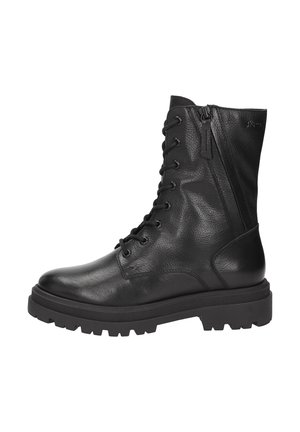 Botte de combat en cuir noir avec un laçage à l'avant, une fermeture éclair sur le côté, une semelle épaisse et une finition texturée. Convient pour un usage robuste.