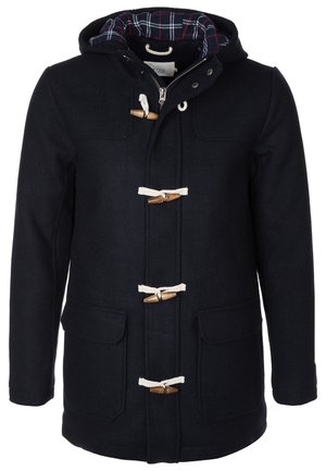 Navy wool duffle coat with a hood, two front pockets, wooden toggle fastenings, and a plaid lining in red and green.