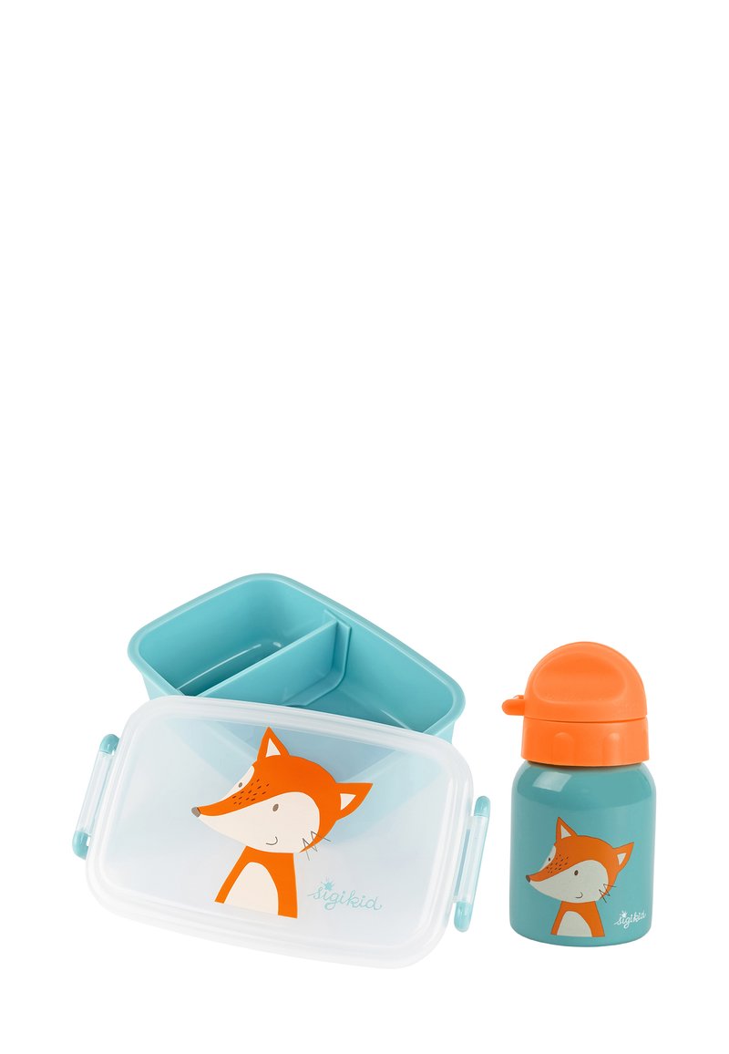 Blue divided lunchbox and matching water bottle with orange fox illustrations and orange bottle cap.