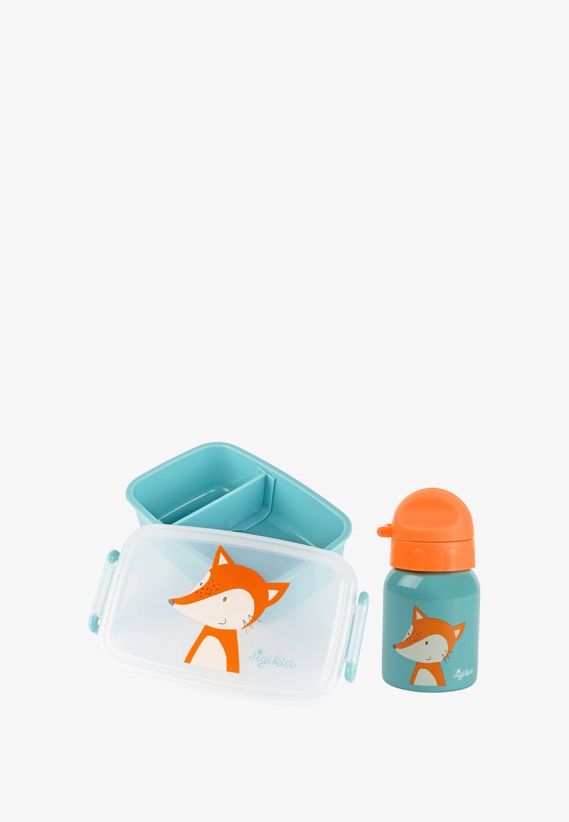 Blue divided lunchbox and matching water bottle with orange fox illustrations and orange bottle cap.