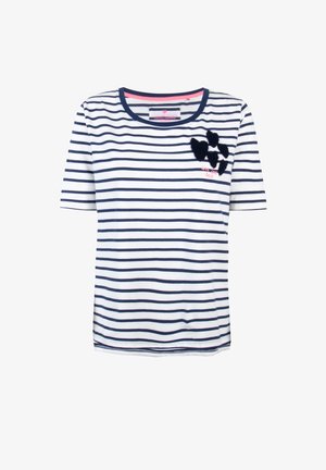 Gestreiftes T-Shirt in Weiß und Marineblau, mit kurzen Ärmeln, runder Ausschnitt, das ein marineblaues Applikationsdesign und pink gestickten Text auf der Brust aufweist.