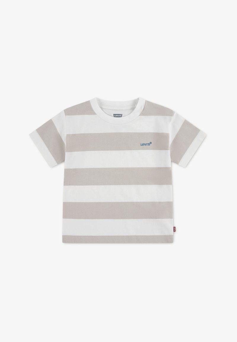 Μπλούζα με κοντά μανίκια και ρίγες σε λευκό και ανοιχτό γκρι. Διαθέτει στρογγυλή λαιμόκοψη και μικρό μπλε λογότυπο στο στήθος. Κατασκευασμένη από βαμβακερό ύφασμα.