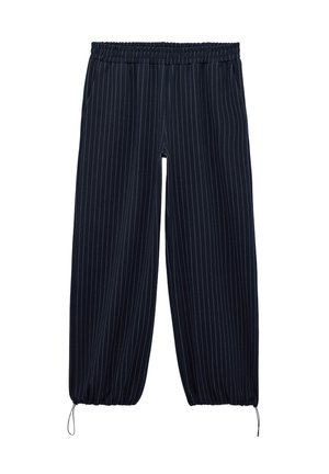 Pantalones azul marino de rayas finas con cintura elástica y cordones ajustables en los puños de los tobillos, corte holgado y piernas rectas.