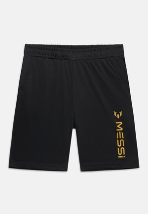 Pantalones cortos deportivos negros con cintura elástica y bolsillos laterales, con texto y logo dorado "MESSI" en la pierna derecha.