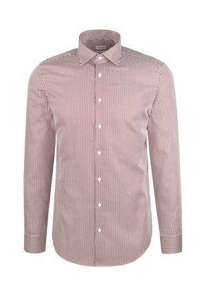 Chemise à manches longues, à boutons, présentant de fines rayures verticales rouges et blanches. Tissu lisse, avec un col classique et des poignets à boutons.