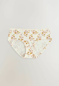 Baumwollslips mit Blumenmuster, weißen Hintergrund und kleinen gelben und rosa Blumen, elastischem Bund und glatter Textur.