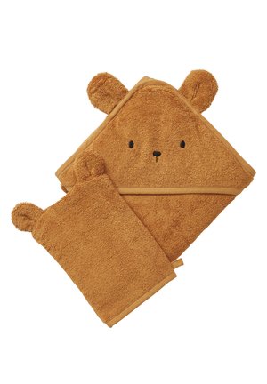 Brown toddler hooded towel and washcloth set with bear ears and embroidered bear face on towel hood.
